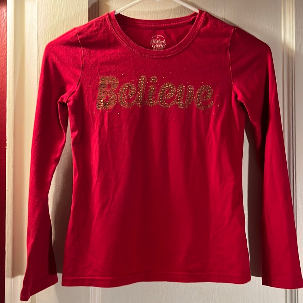 Red Long Sleeve T-Shirt with Gold Sequin Glitter Believe Writing